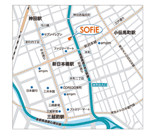 SOFiEから各駅（新日本橋、三越前、神田、小伝馬町）へのアクセスマップ